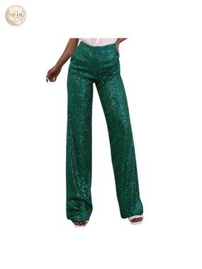 Sparkle Sequin Wide Leg Pants High Waisted Glitter Dance Trousers
